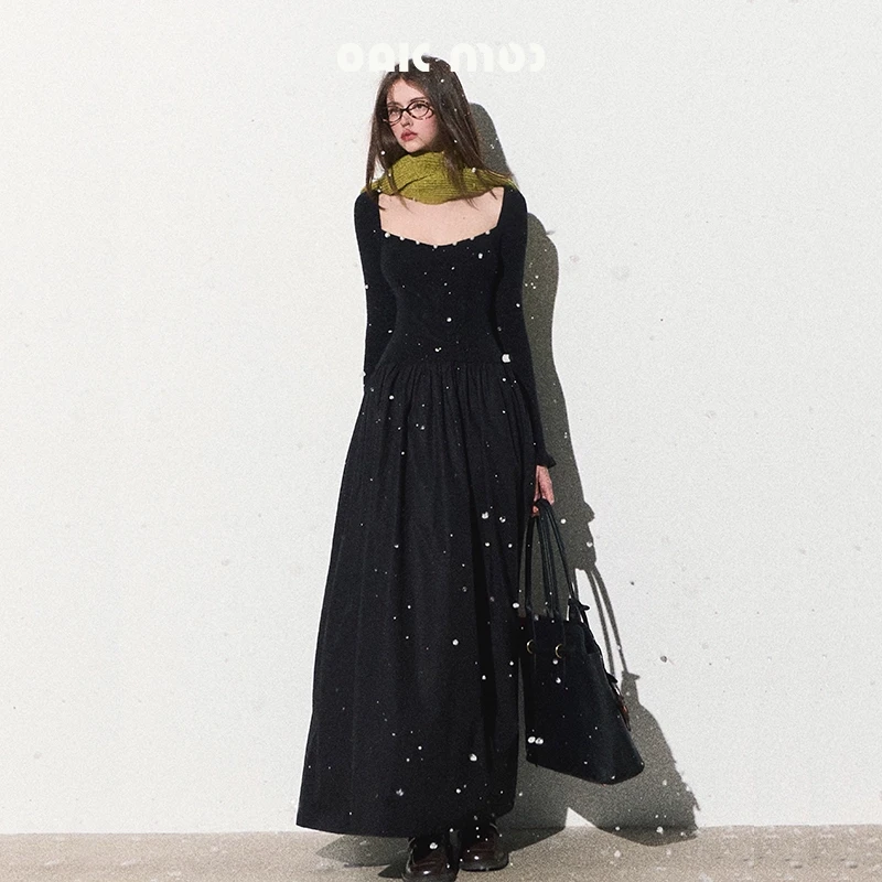 OAKMOO/ "透明的夜晚"圣诞珍珠礼服针织连衣裙拼接内搭刺绣裙子