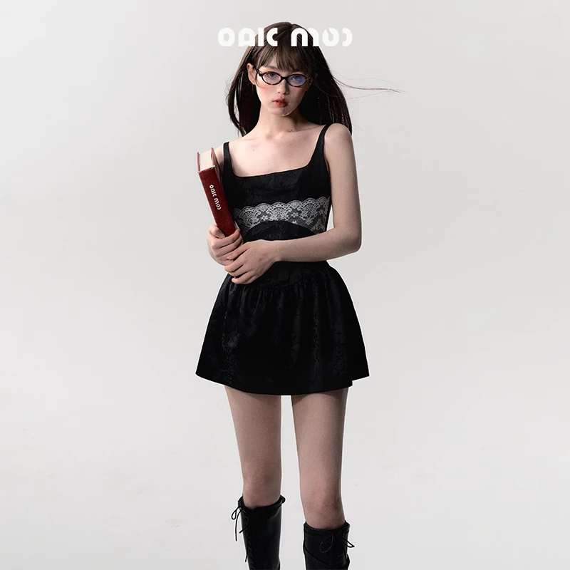 OAKMOO/ "如雾起时"蕾丝提花拼接连衣裙女夏蝴蝶结收腰吊带裙短款