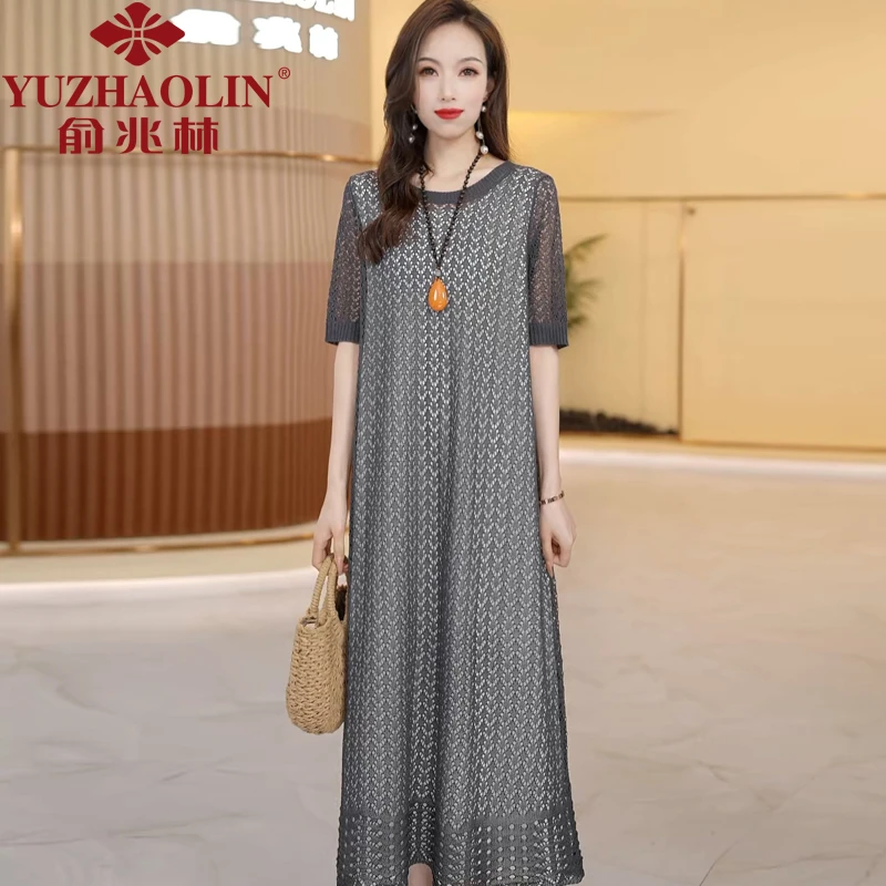 YUZHAOLIN/俞兆林夏季时尚开叉连衣裙短袖薄款大码显瘦中长款裙子
