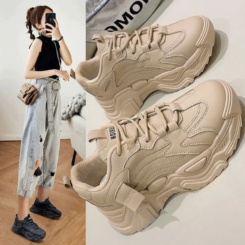 雅漾品牌老爹鞋女2024秋冬季皮面百搭爆款增高厚底休闲运动女鞋