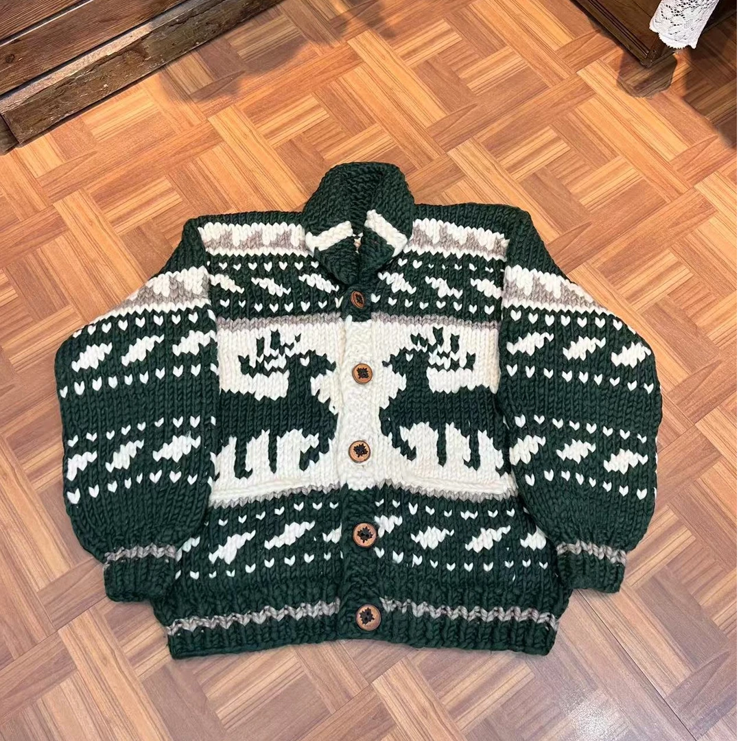 【小麻雀古着】日系复古粗针厚实开衫女北欧麋鹿毛衣外套男