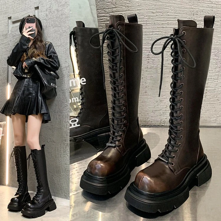 洋气长筒靴女2023秋冬新款系带瘦瘦靴小个子厚底骑士靴不过膝长靴