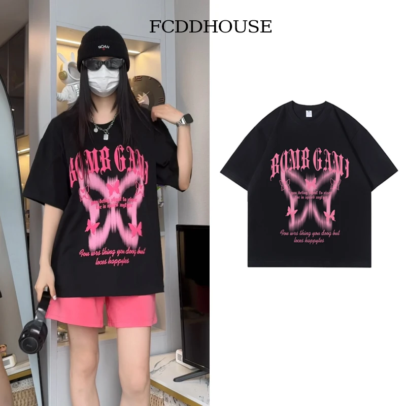 圆领夏季新款ins小众短袖女美式印花纯棉T恤潮牌黑色情侣宽松高街