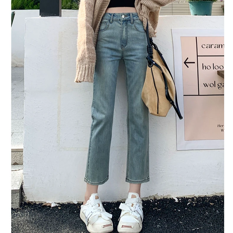 9023--秋季新款浅蓝色设计感小众直筒牛仔裤女高腰显瘦法棍烟管裤