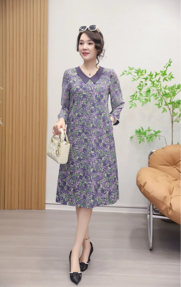 秋季新款香芋紫A版显瘦气质大方遮肉连衣裙