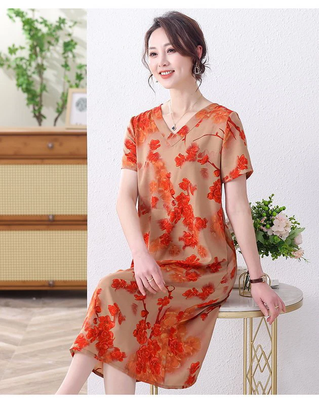 2024夏季新款V领大气显瘦时尚妈妈装连衣裙