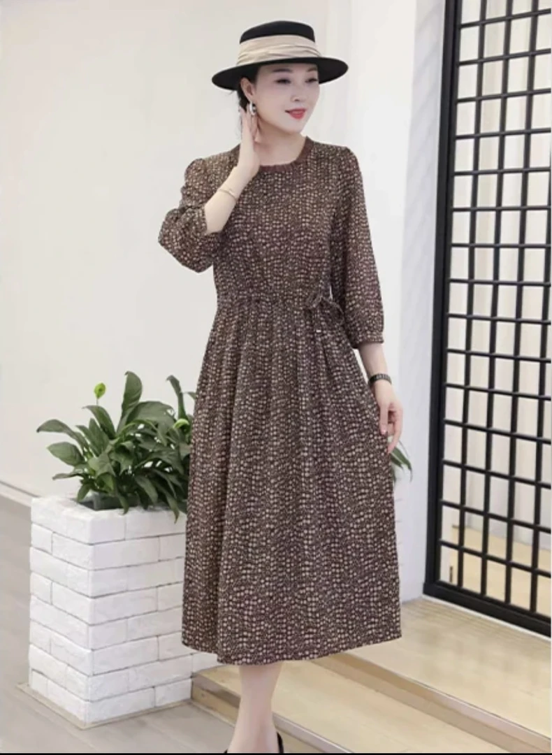 秋季新款波点收腰显瘦气质大方中长款妈妈装连衣裙