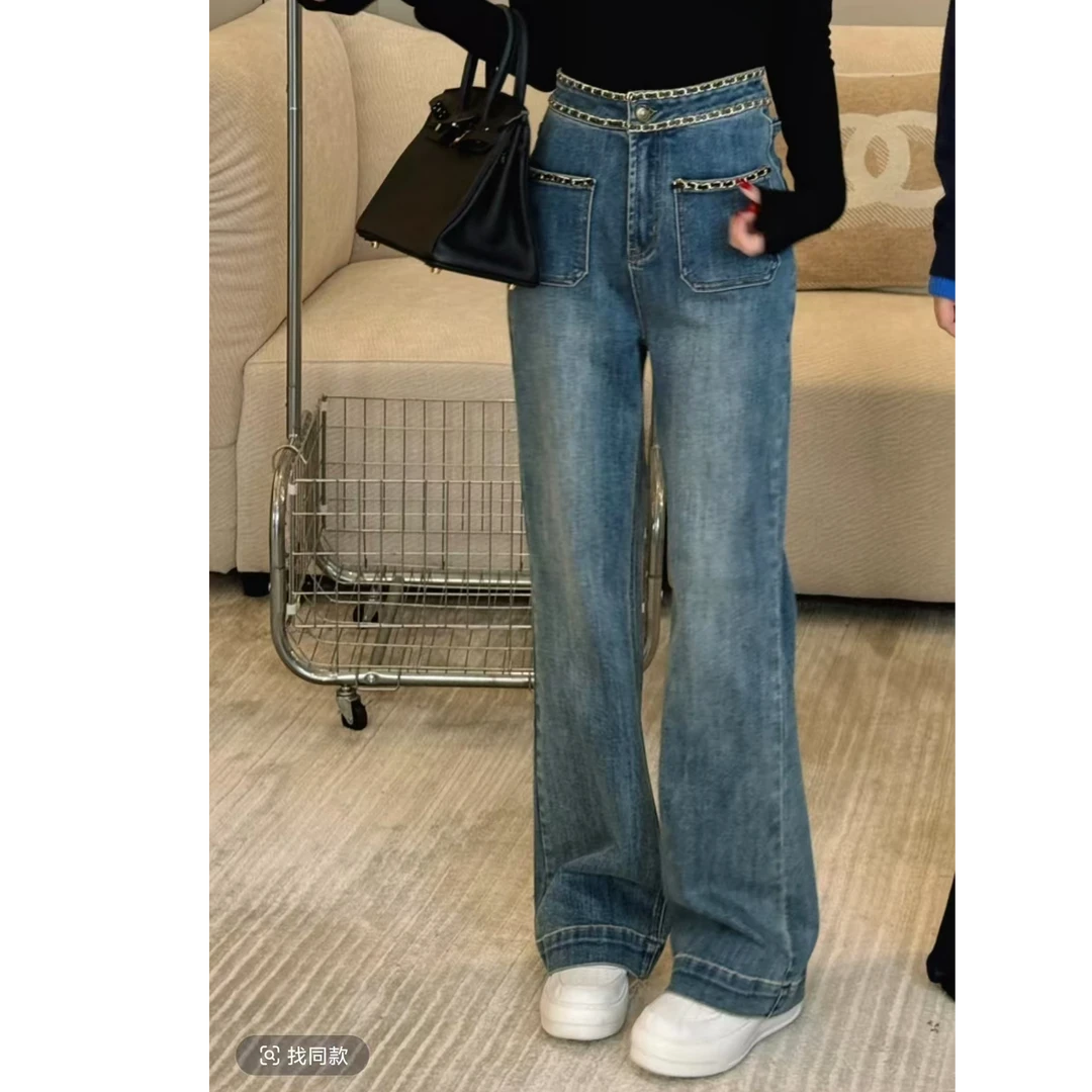 【小香牛仔裤】文文私服铭顺 金色链条装饰蓝色牛仔裤WWQ4KZ5832