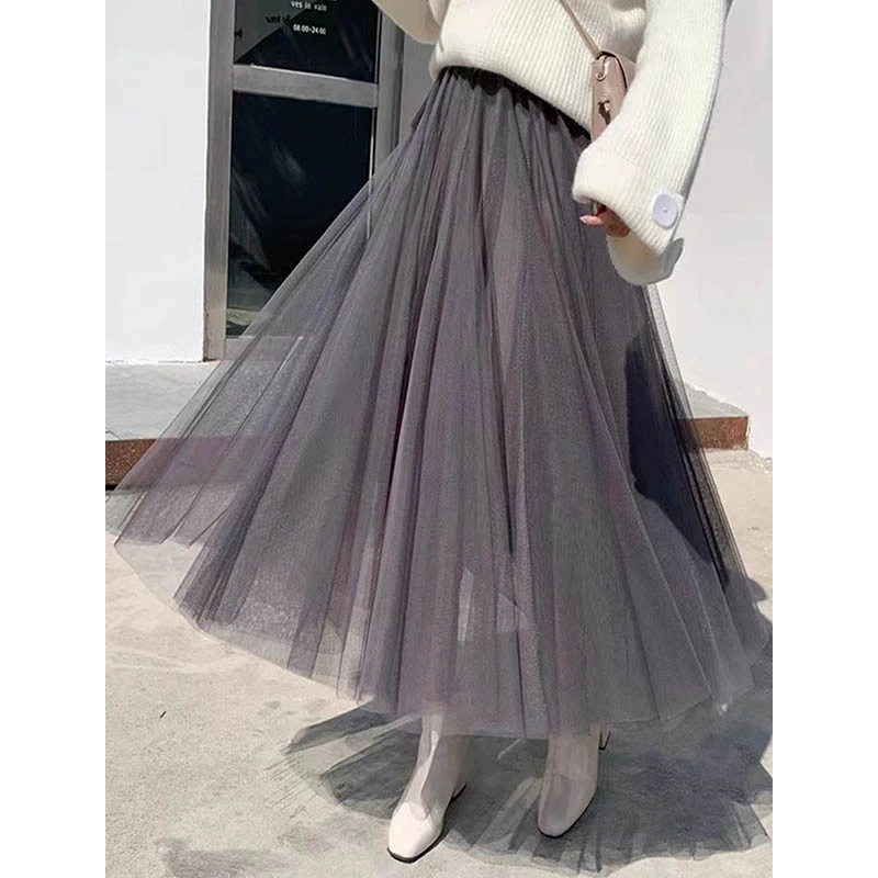 网纱半身裙甜美A字中长大摆伞裙百褶仙女裙