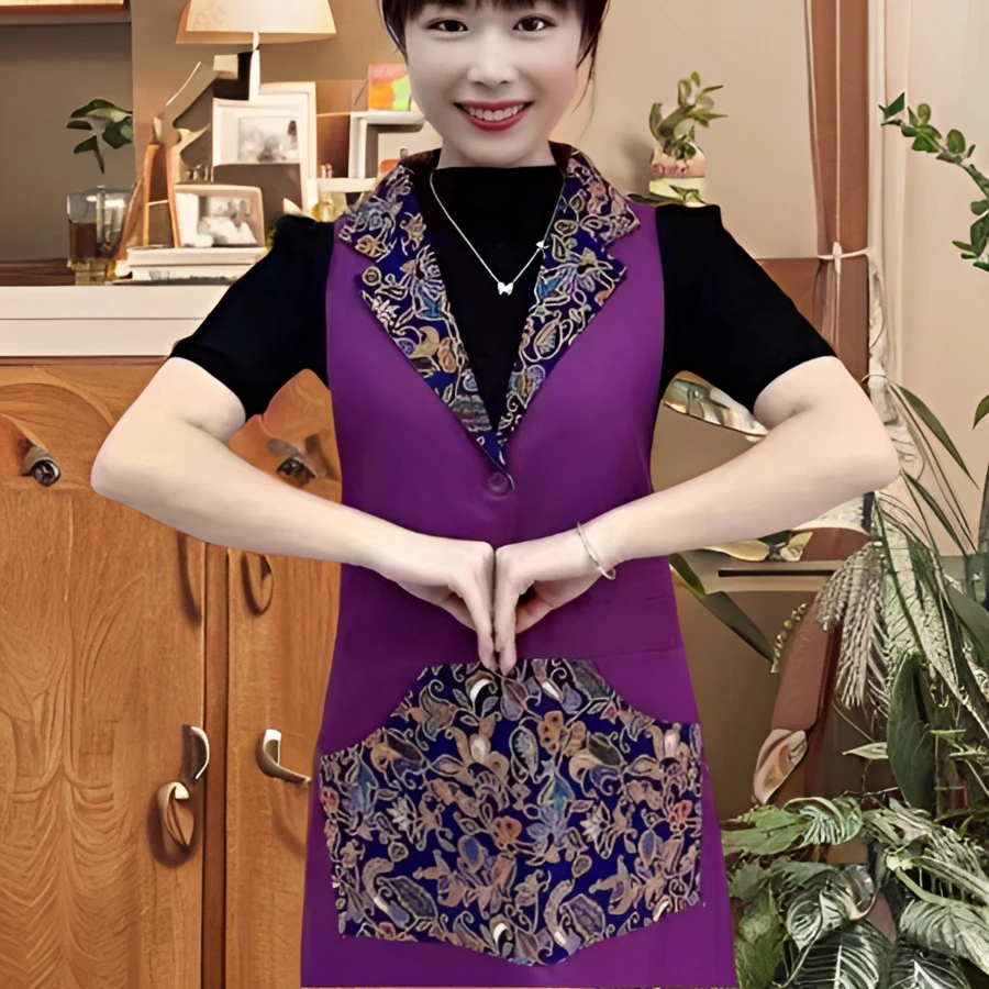 国风经典围裙时尚家用民族风西装领围裙防污花布拼接工作服酒店