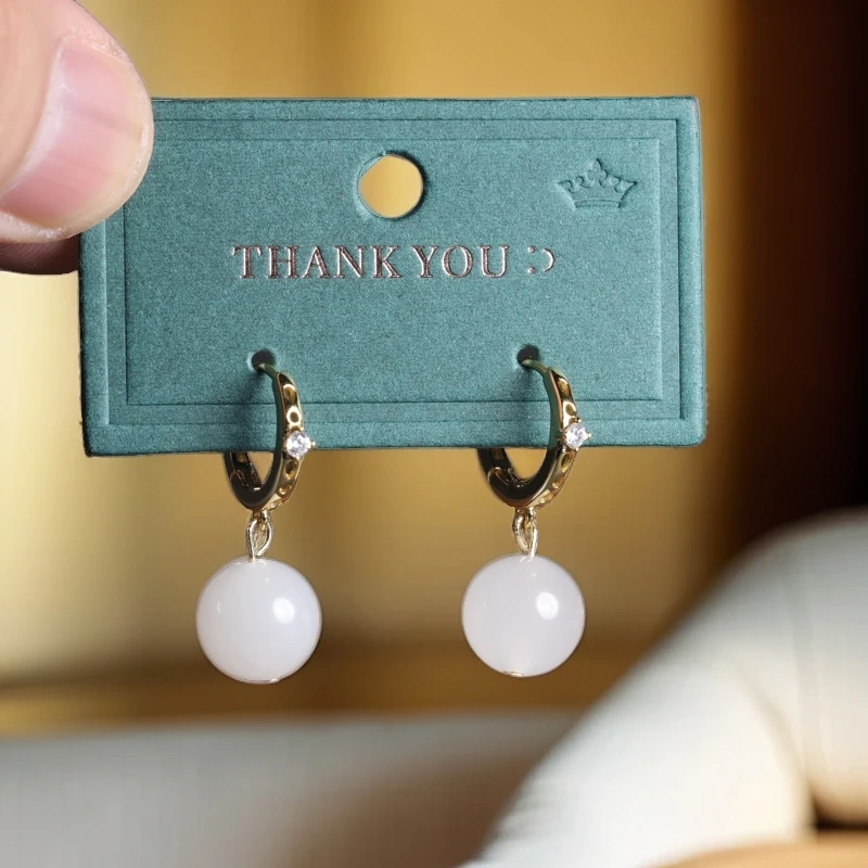 【小娟珠宝】G5 精品和田玉白玉圆珠耳坠 0937