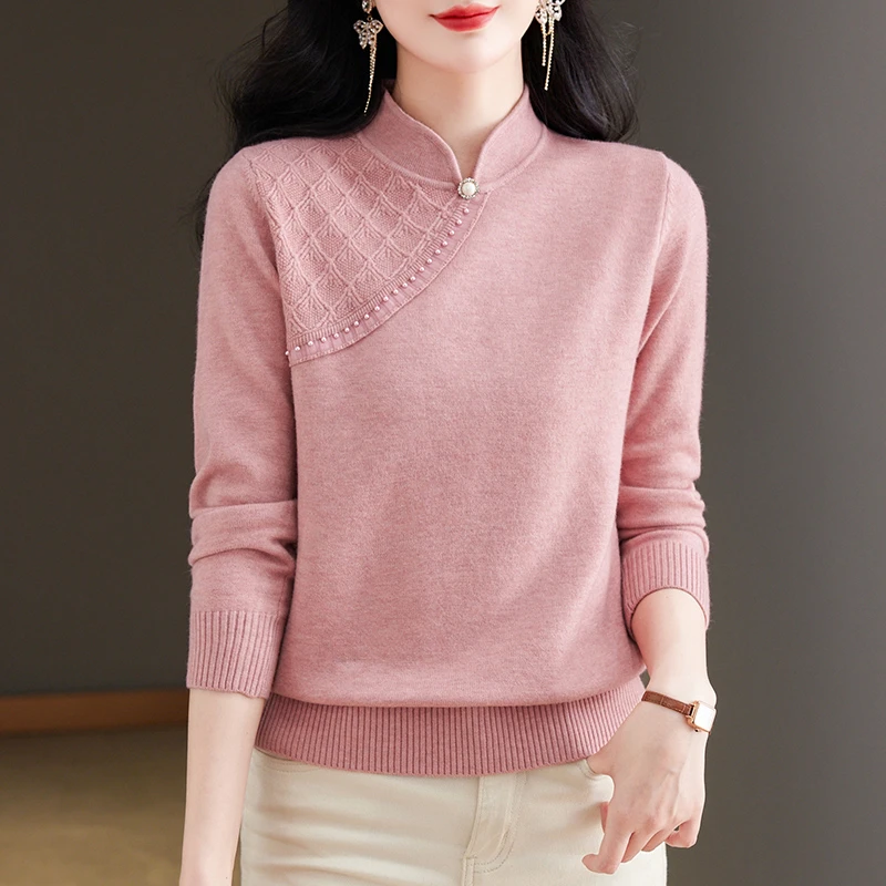 2024春季新款女士中国风针织时尚洋气立领毛衣气质显瘦百搭打底衫