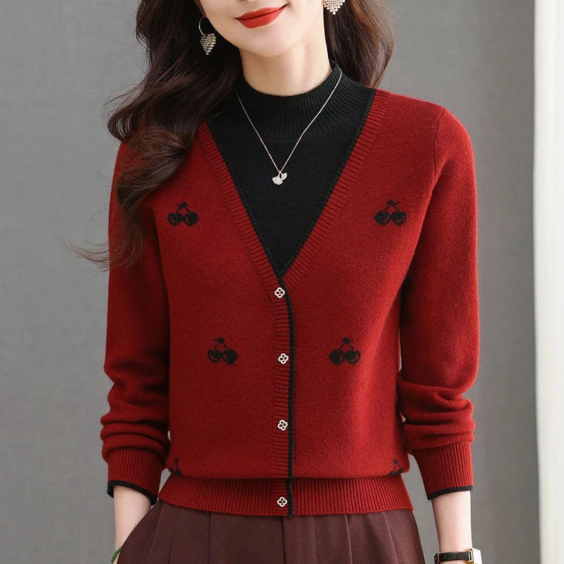 2024冬新款羊毛衫女士圆领假开衫时尚洋气提花加厚毛衣打底针织衫