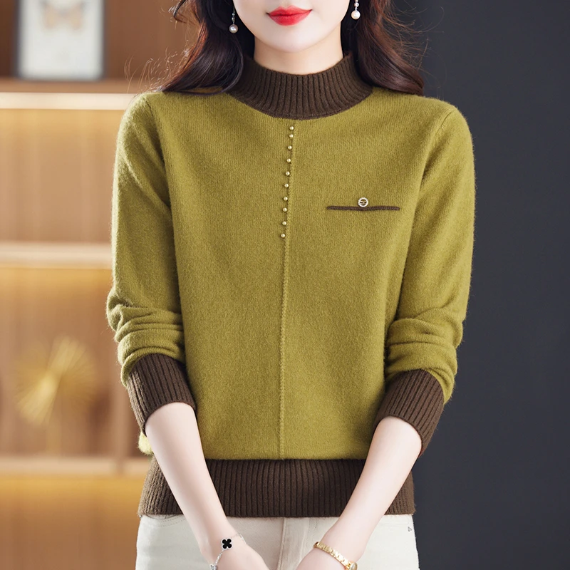 冬季半高领长袖针织衫女洋气时尚百搭撞色厚款打底内搭女士上衣