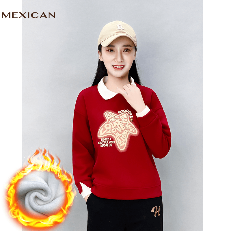 Mexican/稻草人加绒女卫衣长袖加厚冬时尚上衣女士宽松假两件2347