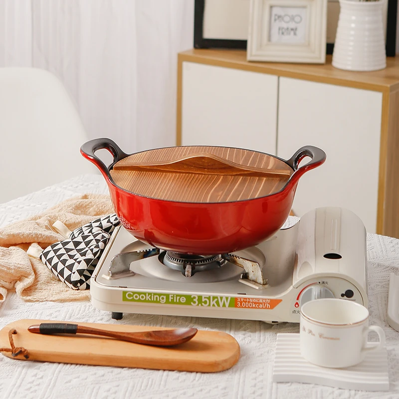 珐琅铸铁元宝锅煲汤锅无涂层煮焖炖双耳炒锅24cm红色