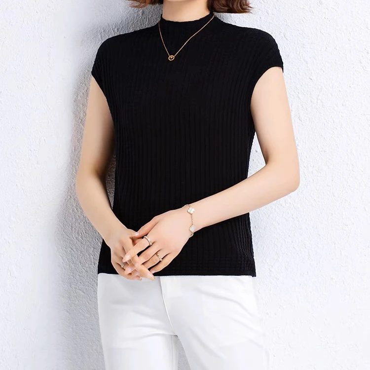 2024夏季半中领针织华夫格时尚百搭修身纯色显瘦薄款套头女士上衣