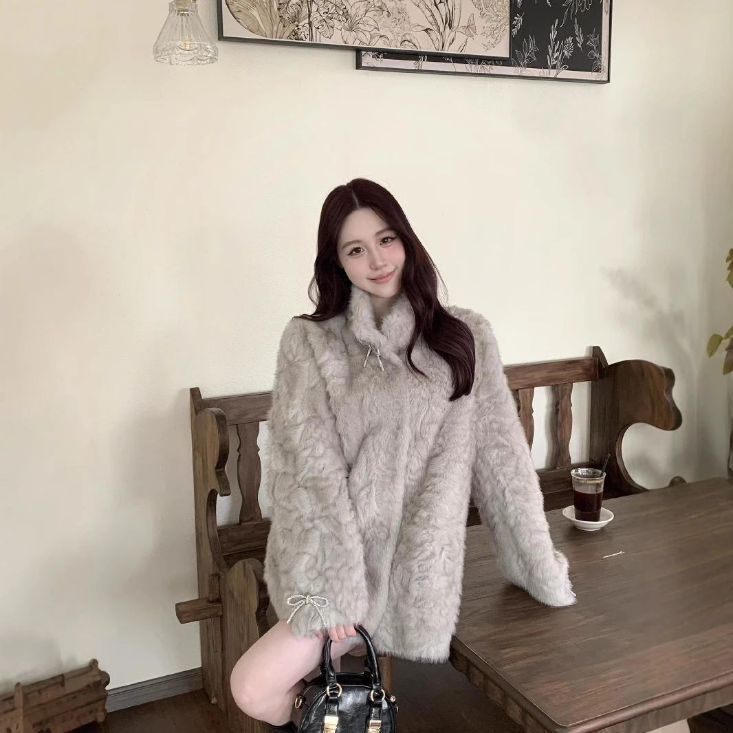 新款冬季爆款皮毛一体中长款加厚小个子立领毛绒大衣韩版秋冬