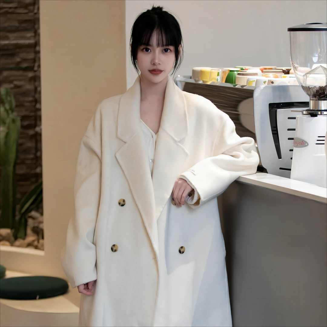 韩系休闲长毛双面羊绒大衣毛呢外套茧型慵懒风100%澳洲羊毛大衣女
