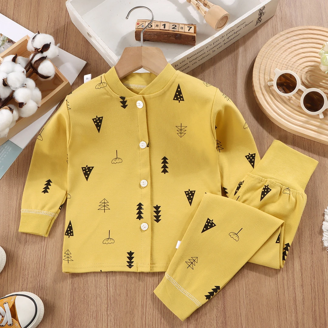 纯棉高腰套装开衫上衣婴儿护肚秋裤秋衣睡衣春秋冬家居服打底a类