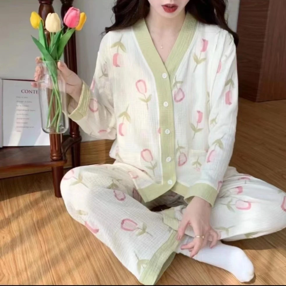 【秋屿♥上新】大码宽松时尚初秋泡泡纱V领甜美纯棉郁金香家居服套装