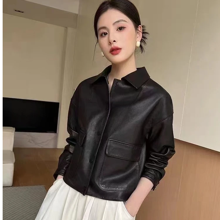 绵羊皮翻领外套显瘦网红气质百搭休闲黑色短款女士秋季出行皮衣