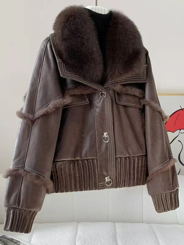 2024海宁潮牌上衣短款外套黑色皮毛一体百搭女士拼接冬季37162C