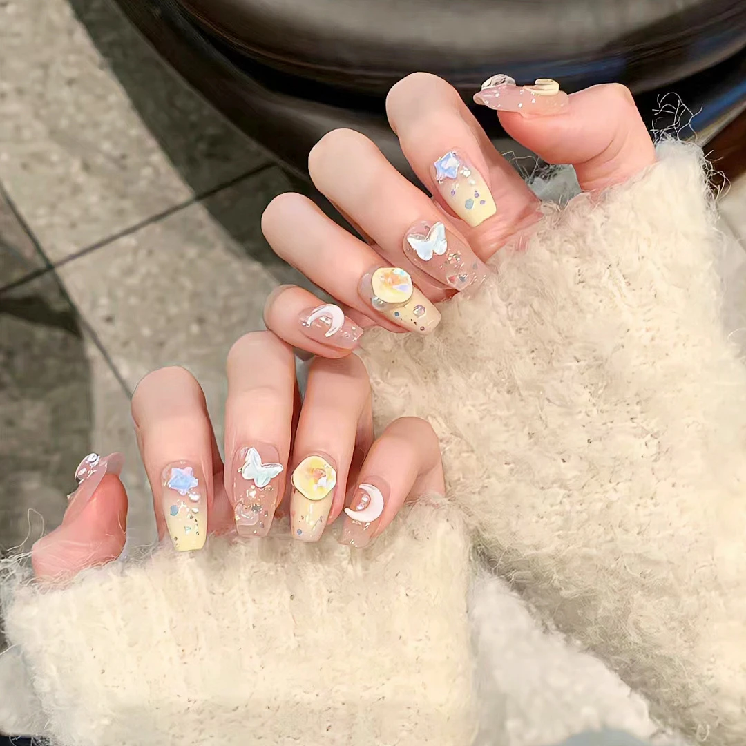 B607-蛋黄卡通穿戴甲五彩爱心月亮美甲贴片蝴蝶可爱假指甲贴片