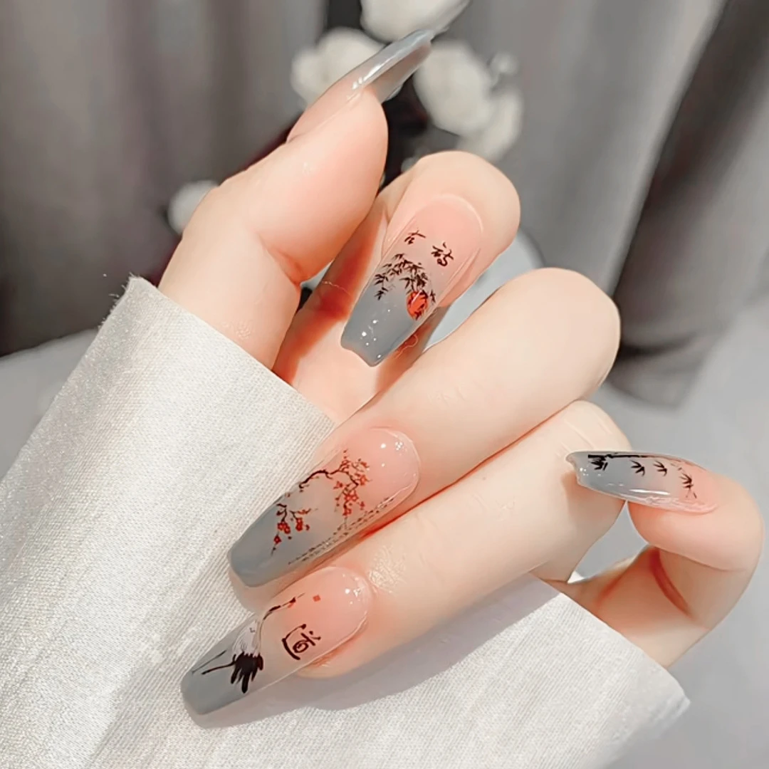 C613-中国风水墨穿戴甲成品梅花香竹美甲贴新中式仙鹤假指甲贴片