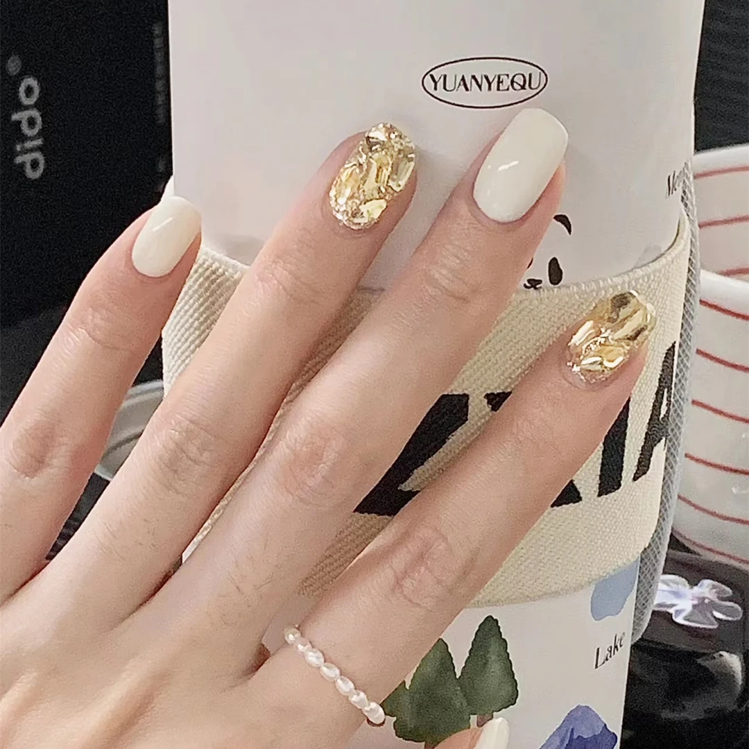 A459-奶白香槟钻穿戴甲美甲贴成品闪粉甲片短款爆闪假指甲贴片