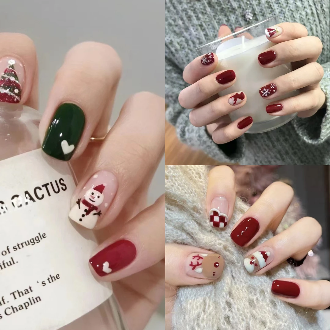 跨境新款圣诞新年穿戴甲白色圣诞麋鹿美甲雪人雪花假指甲贴片