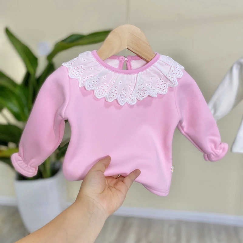 女宝宝秋冬加绒女童长袖纯棉T恤中小童简约花边领打底衫洋气上衣