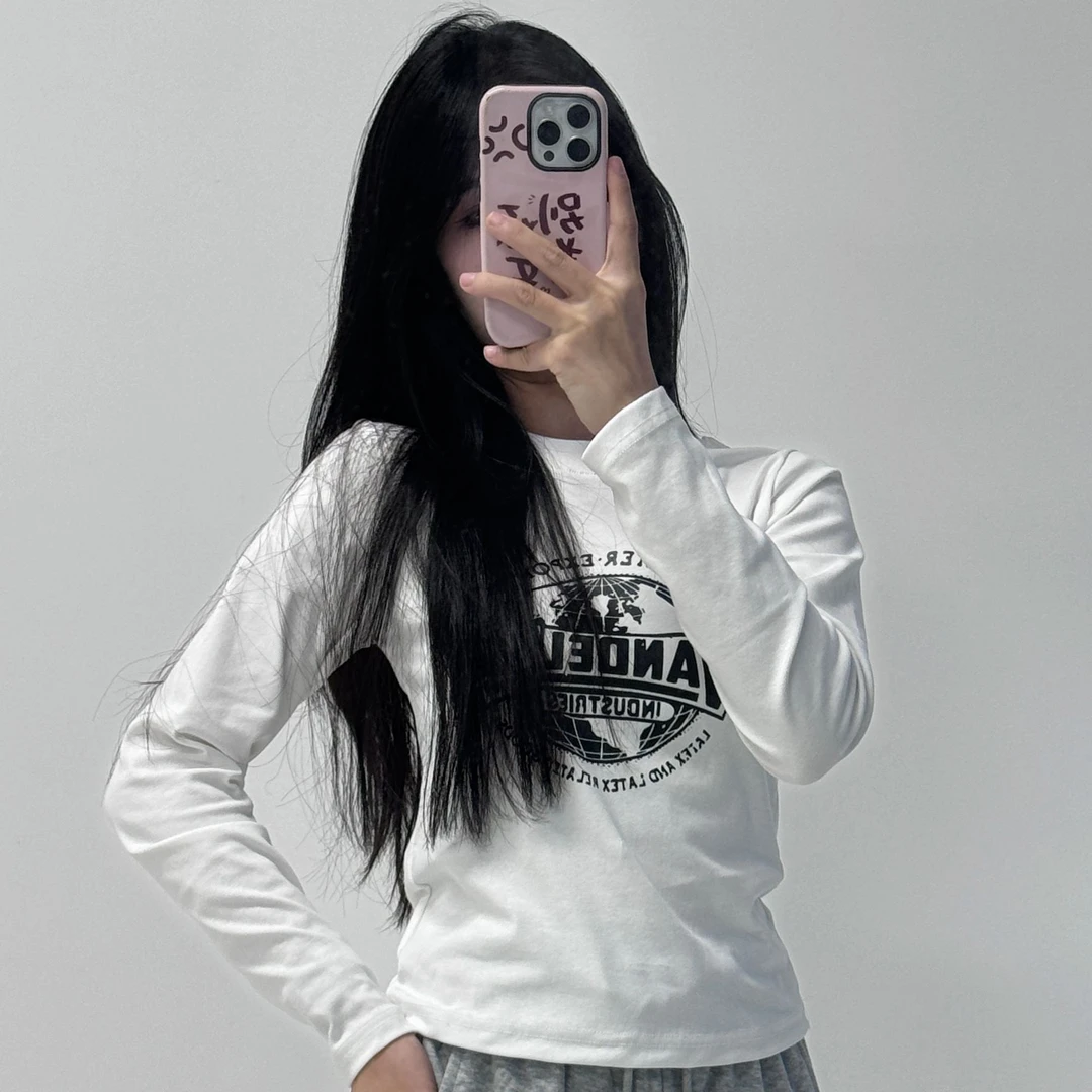 2024秋季新款美式显瘦印花圆领长袖T恤辣妹正肩百搭休闲短款上衣