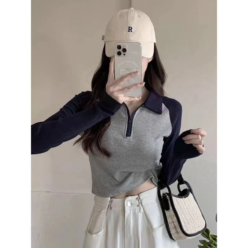 美式撞色Polo领修身显瘦长袖T恤女秋冬内搭打底辣妹短款上衣