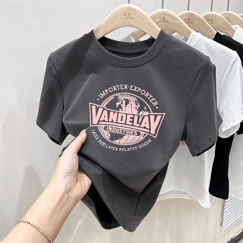 2025夏季新款美式复古印花圆领短袖T恤辣妹正肩百搭休闲短款上衣