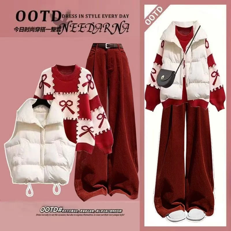 2024冬季套装新款新年圣诞红色战袍毛衣马甲棉服显瘦阔腿裤三件套