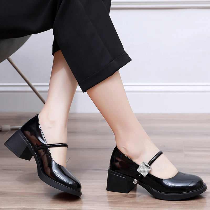 真皮玛丽珍浅口皮鞋头层牛皮单鞋圆头粗跟橡胶软底中跟亮皮四季鞋