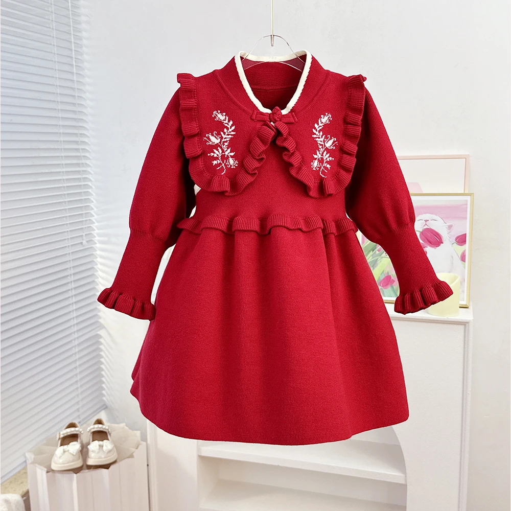 【Y.r1066】冬季新款女童娃娃领甜美针织公主裙女童套头毛衣连衣裙