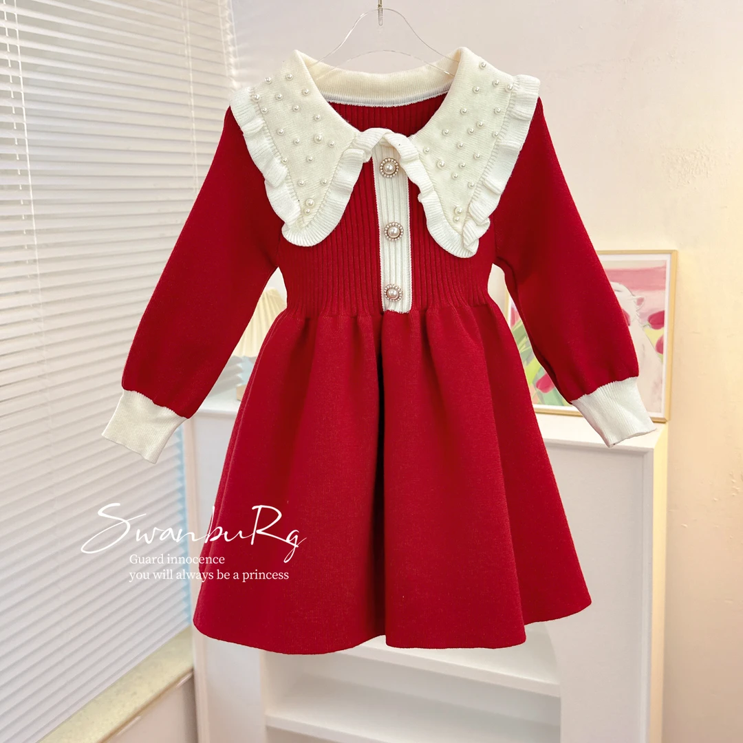 【Y.N0068】23新款女宝重工珍珠娃娃领针织连衣裙女童公主裙