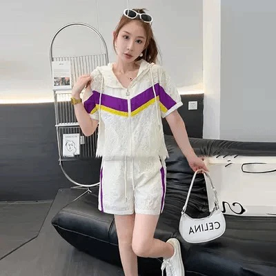 L重工刺绣撞色短袖短裤两件套LZ591