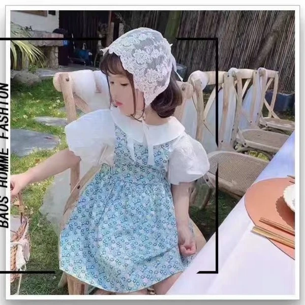 3583抖3 夏季新款女童小清新套装 女宝宝短袖衬衫+碎花背带裙