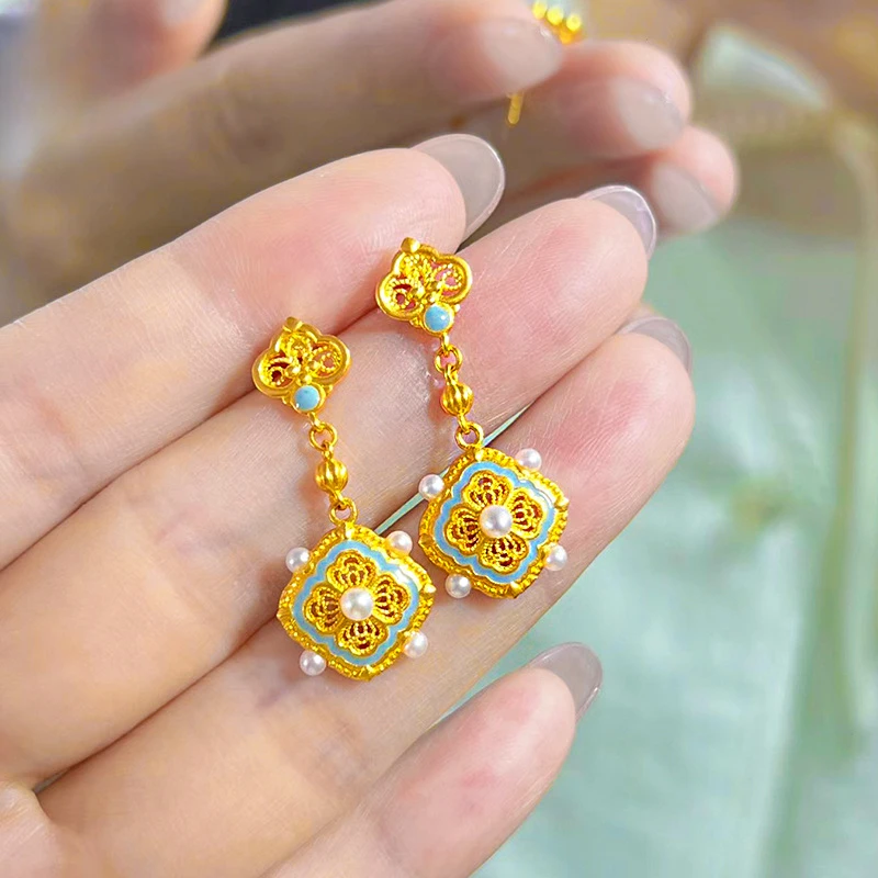 铜合金耳饰 直播同价宋韵古法气质四合珐琅镂空花丝耳钉时尚