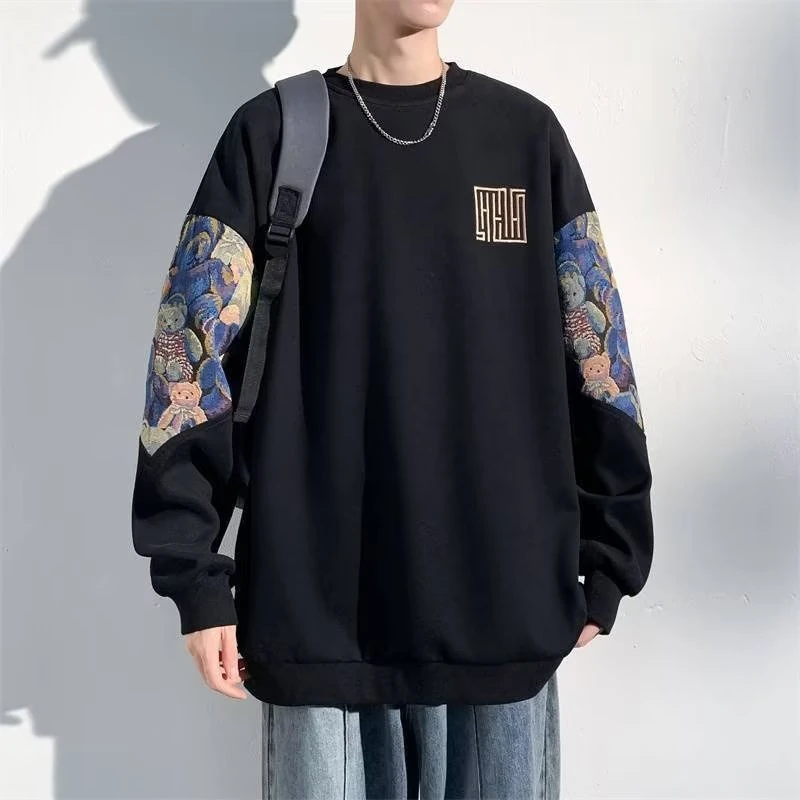 青少年春秋季新款港风休闲大码国风小熊拼接刺绣长袖卫衣潮牌卫衣