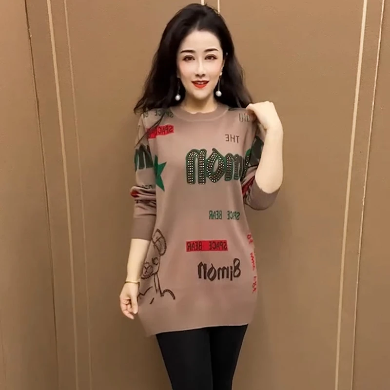 秋冬季新款洋气大码宽松针织打底衫中长款百搭长袖圆领毛衣上衣女