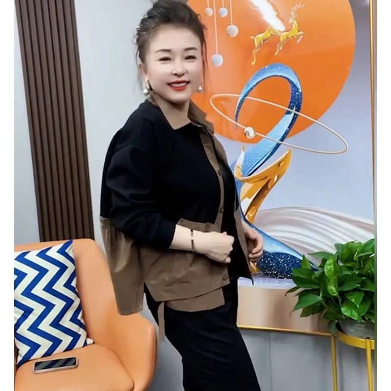 春秋季新款撞色拼接女士外套洋气宽松休闲上衣妈妈装气质显瘦女装