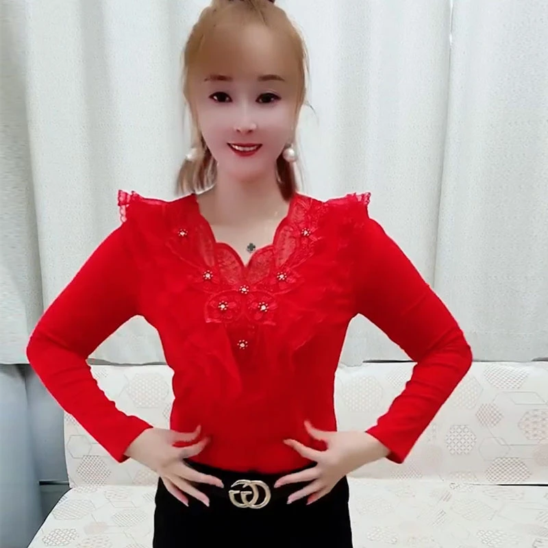 秋冬季新款洋气时尚显瘦加绒打底衫气质女士蕾丝衫减龄百搭上衣女