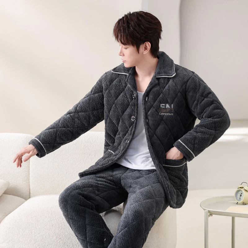 冬季保暖夹棉三层加厚睡衣男士长袖长裤套装简约休闲大码家居服