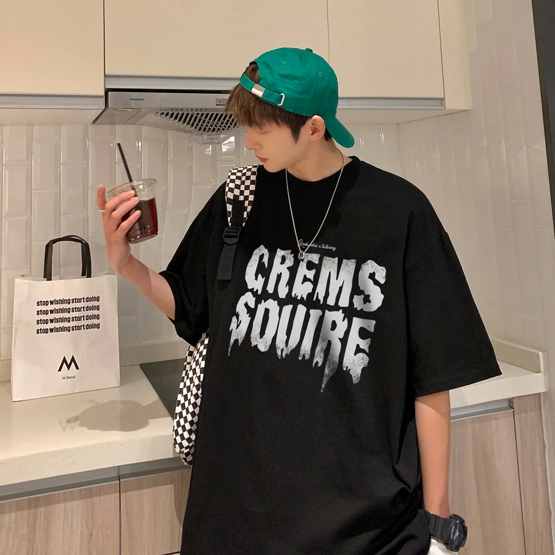 美式复古酒红色t恤男夏季260g重磅纯棉圆领印花短袖五分半袖上衣