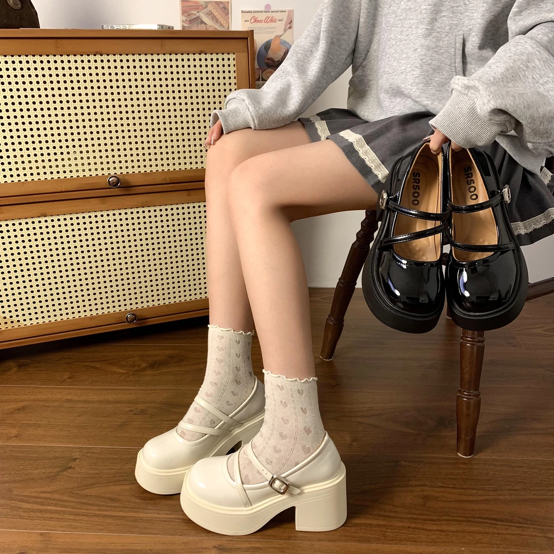 夏季玛丽珍女鞋英伦风学院风粗跟法式高跟圆头厚底白色复古百搭