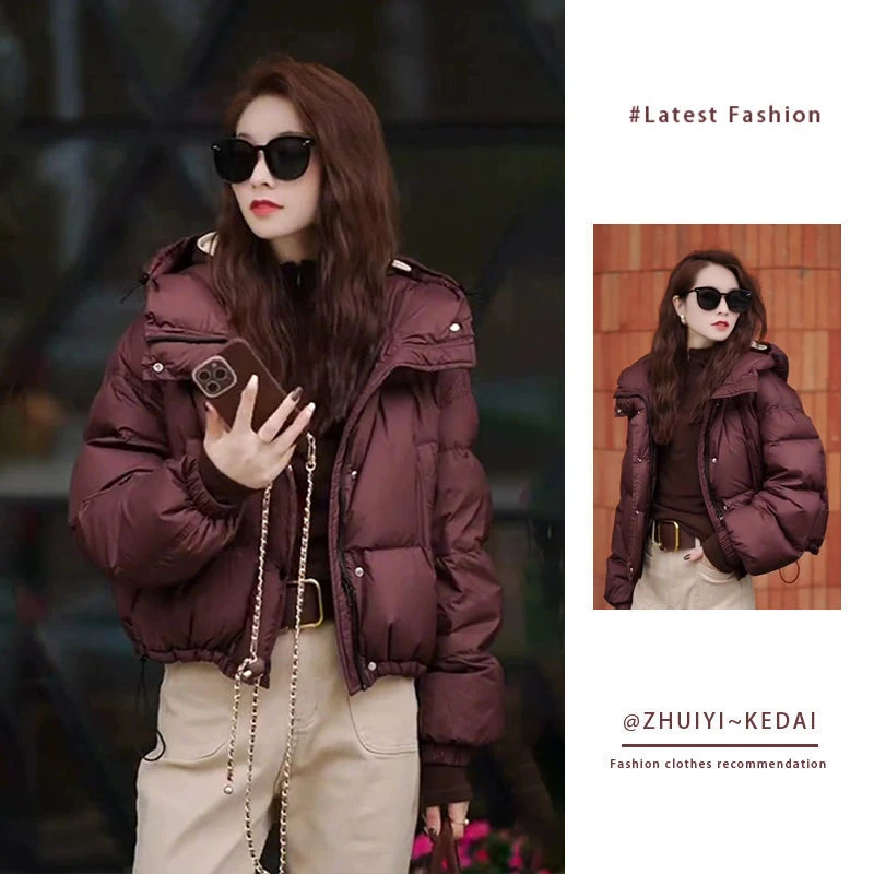 冬季潮流短款红紫色棉服女2024年新款韩版连帽外套小个子气质棉衣